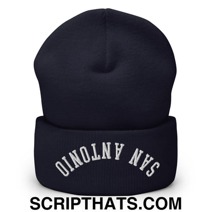 Upside Down San Antonio Embroidered Cuffed Knit Beanie Navy