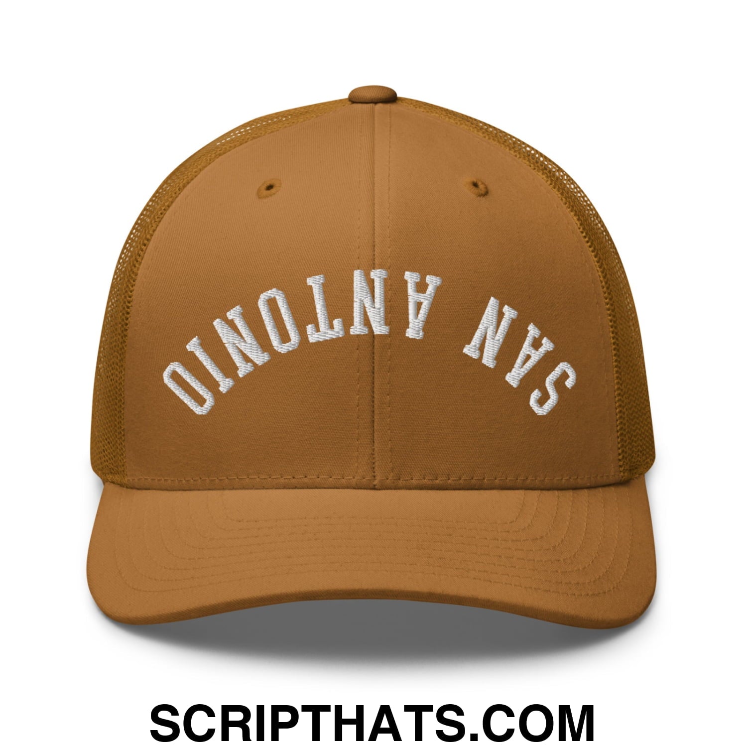 Upside Down San Antonio Embroidered Mesh Trucker Hat Caramel