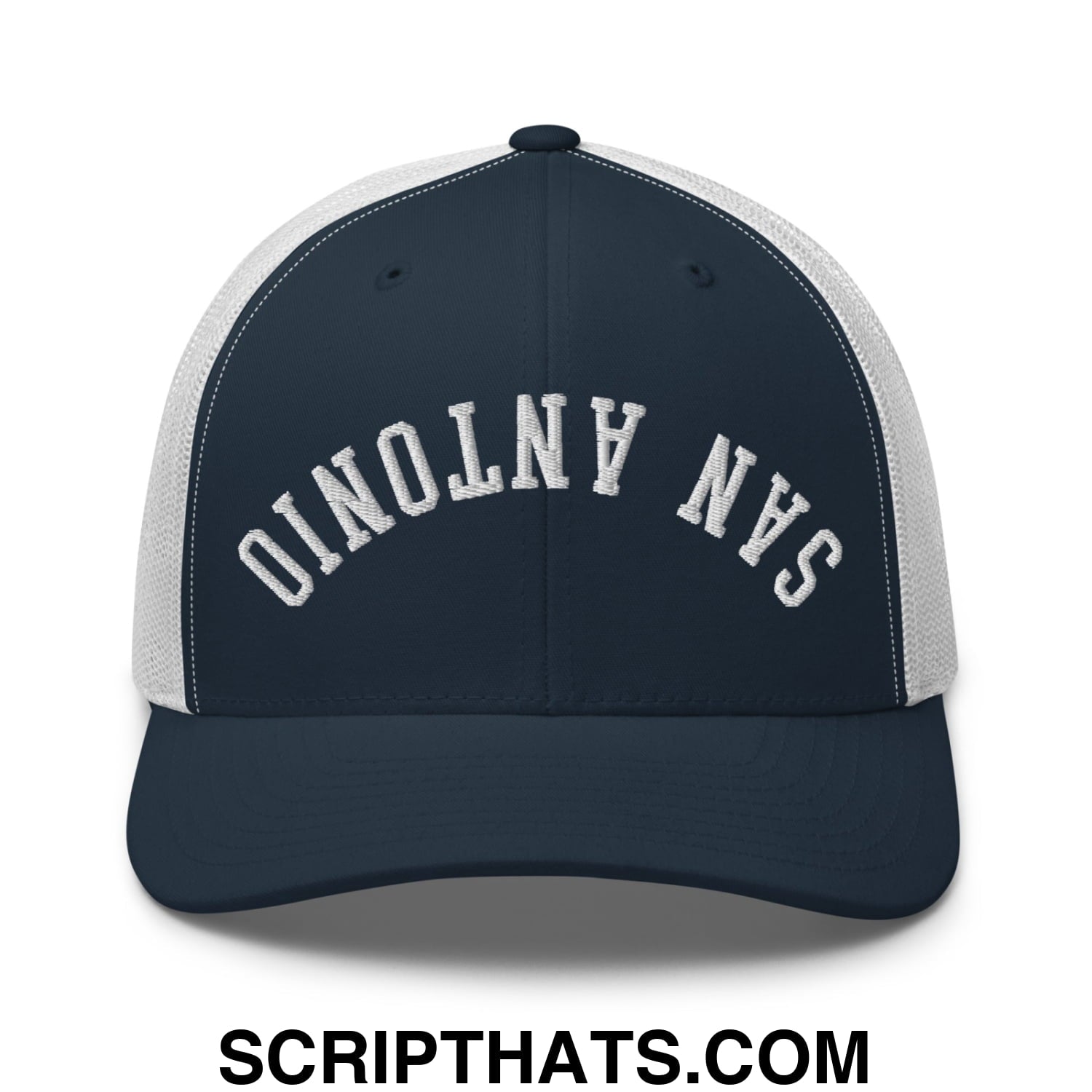 Upside Down San Antonio Embroidered Mesh Trucker Hat Navy White