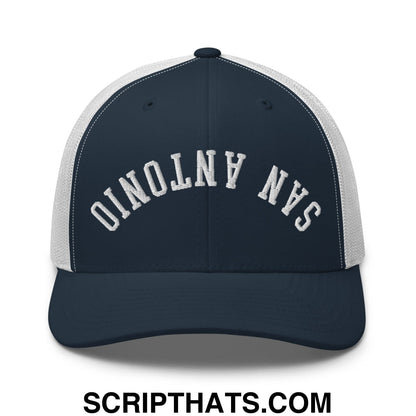 Upside Down San Antonio Embroidered Mesh Trucker Hat Navy White