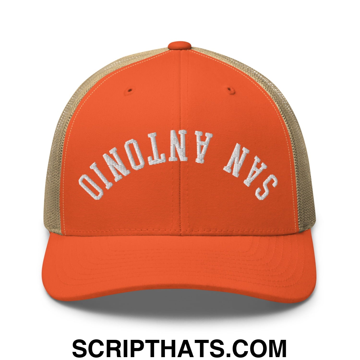 Upside Down San Antonio Embroidered Mesh Trucker Hat Rustic Orange Khaki