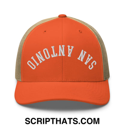 Upside Down San Antonio Embroidered Mesh Trucker Hat Rustic Orange Khaki