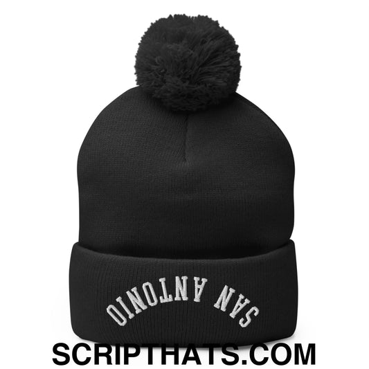 Upside Down San Antonio Embroidered Pom Pom Knit Beanie Black