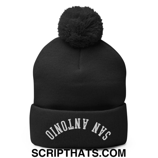 Upside Down San Antonio Embroidered Pom Pom Knit Beanie Black