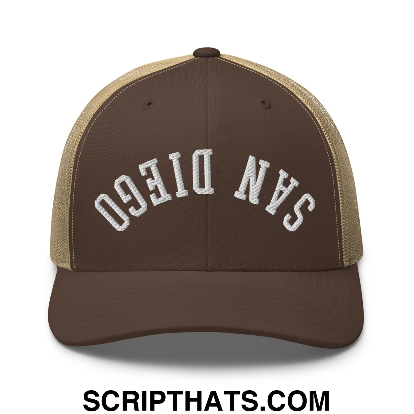 Upside Down San Diego Embroidered Mesh Trucker Hat Brown Khaki