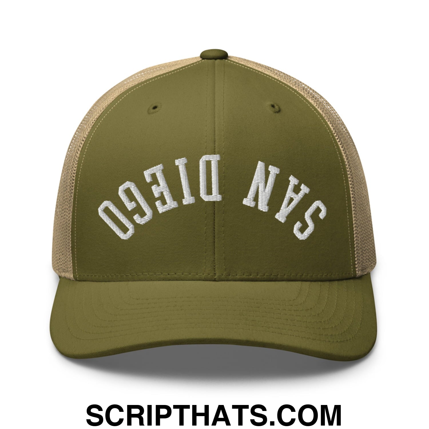 Upside Down San Diego Embroidered Mesh Trucker Hat Moss Khaki
