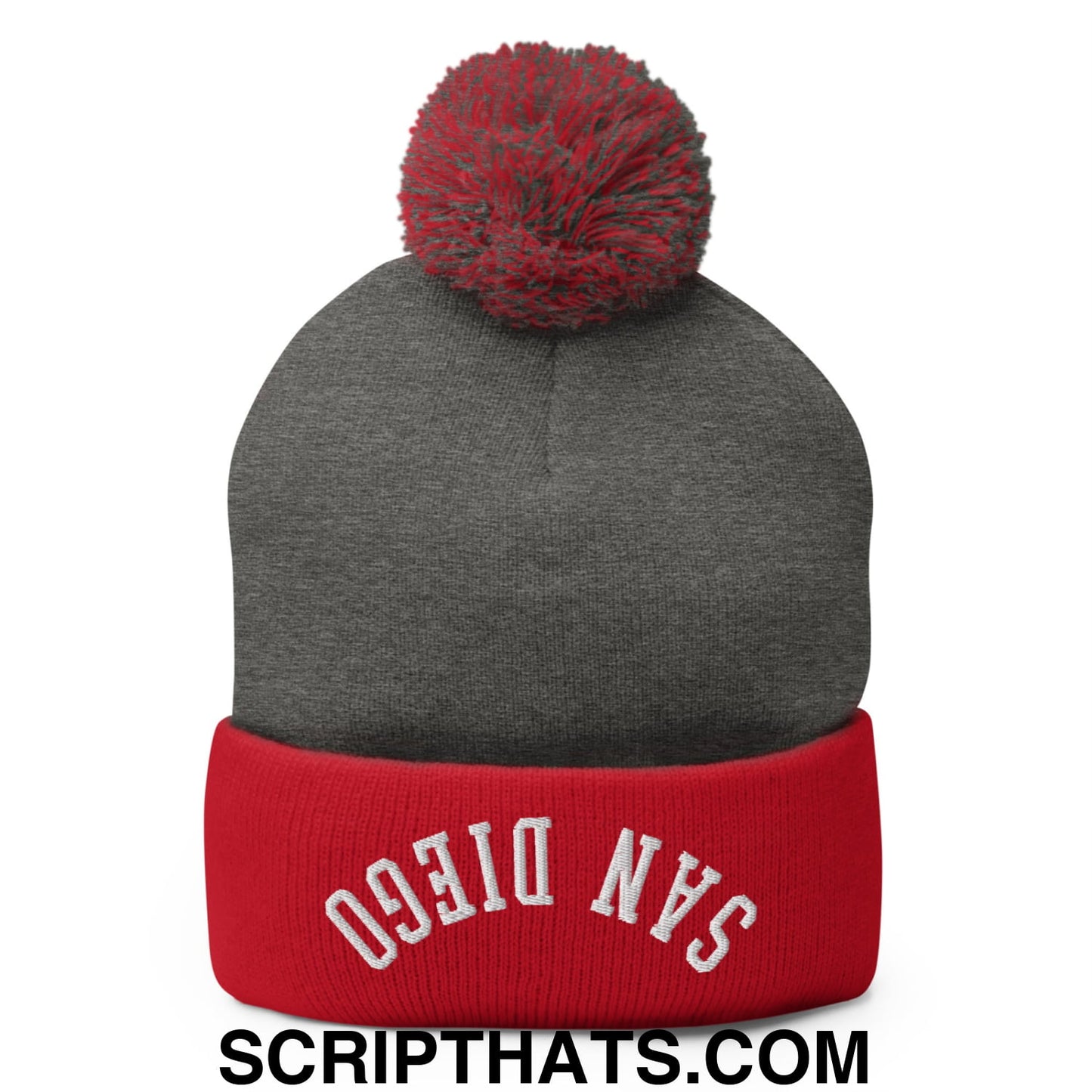 Upside Down San Diego Embroidered Pom Pom Knit Beanie Dark Heather Grey Red