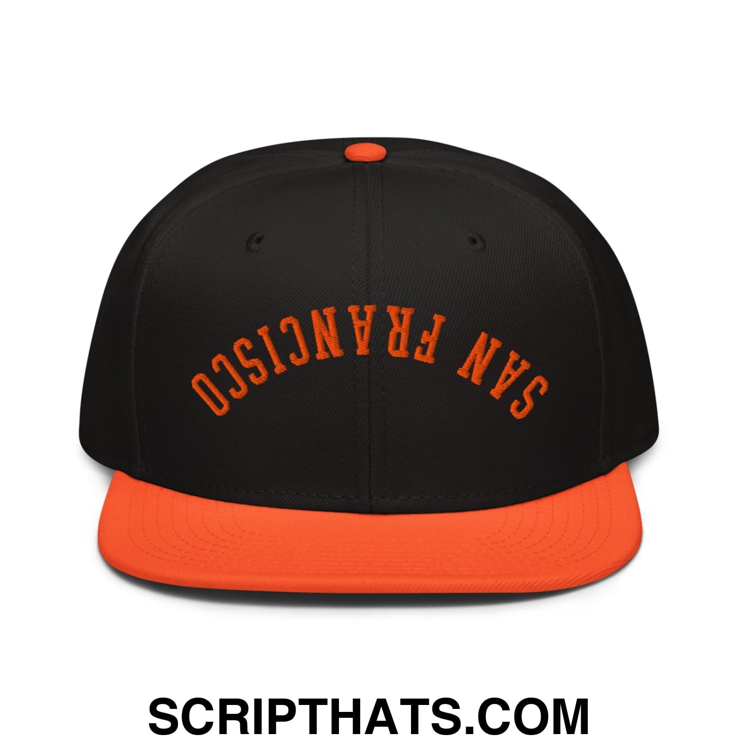 Upside Down San Francisco Baseball Embroidered Flat Brim Bill Snapback Hat Orange Black Black