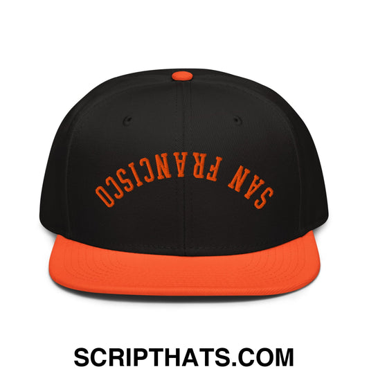 Upside Down San Francisco Baseball Embroidered Flat Brim Bill Snapback Hat Orange Black Black