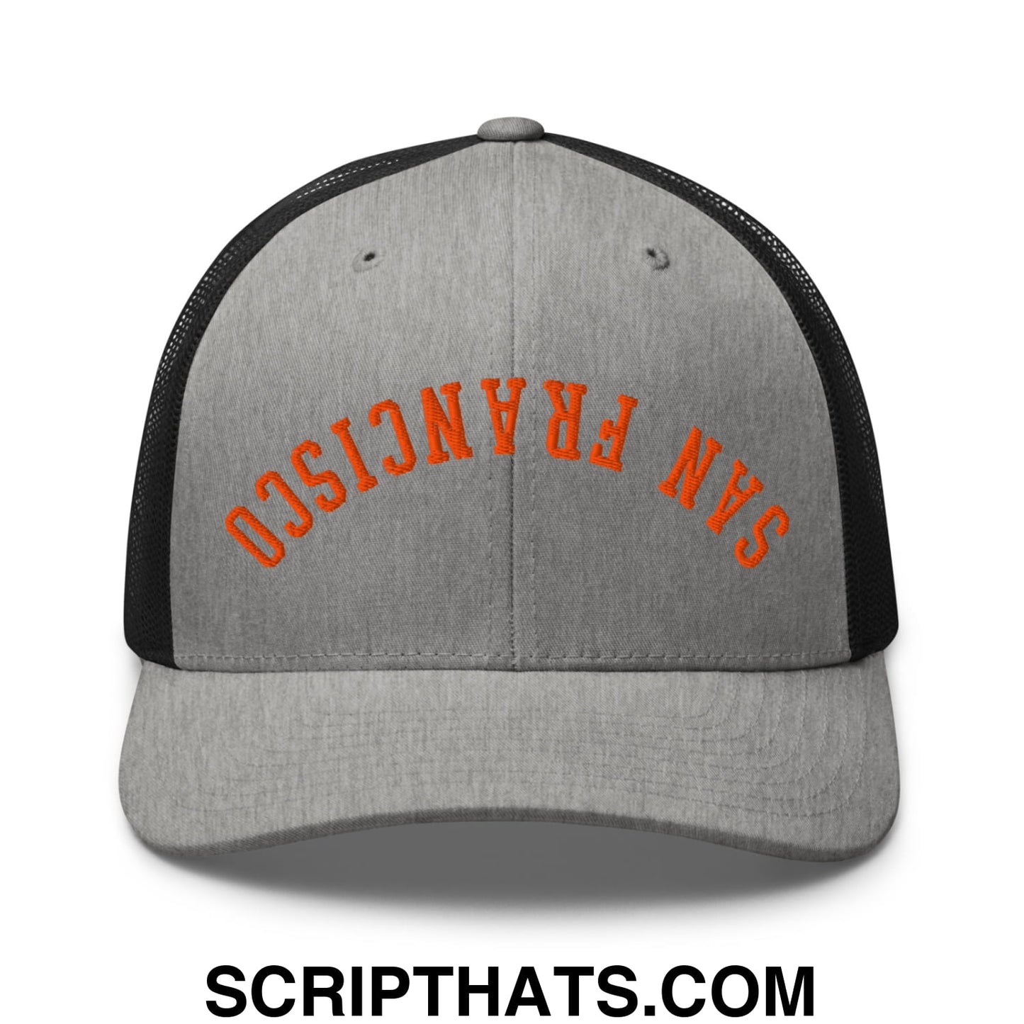 Upside Down San Francisco Baseball Embroidered Mesh Trucker Hat Heather Black
