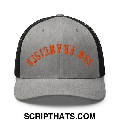 Upside Down San Francisco Baseball Embroidered Mesh Trucker Hat Heather Black