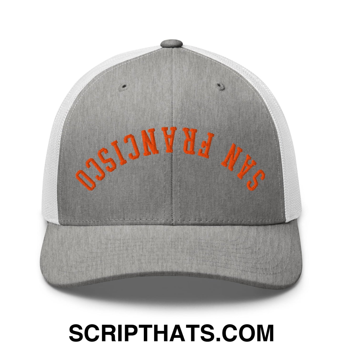 Upside Down San Francisco Baseball Embroidered Mesh Trucker Hat Heather Grey White