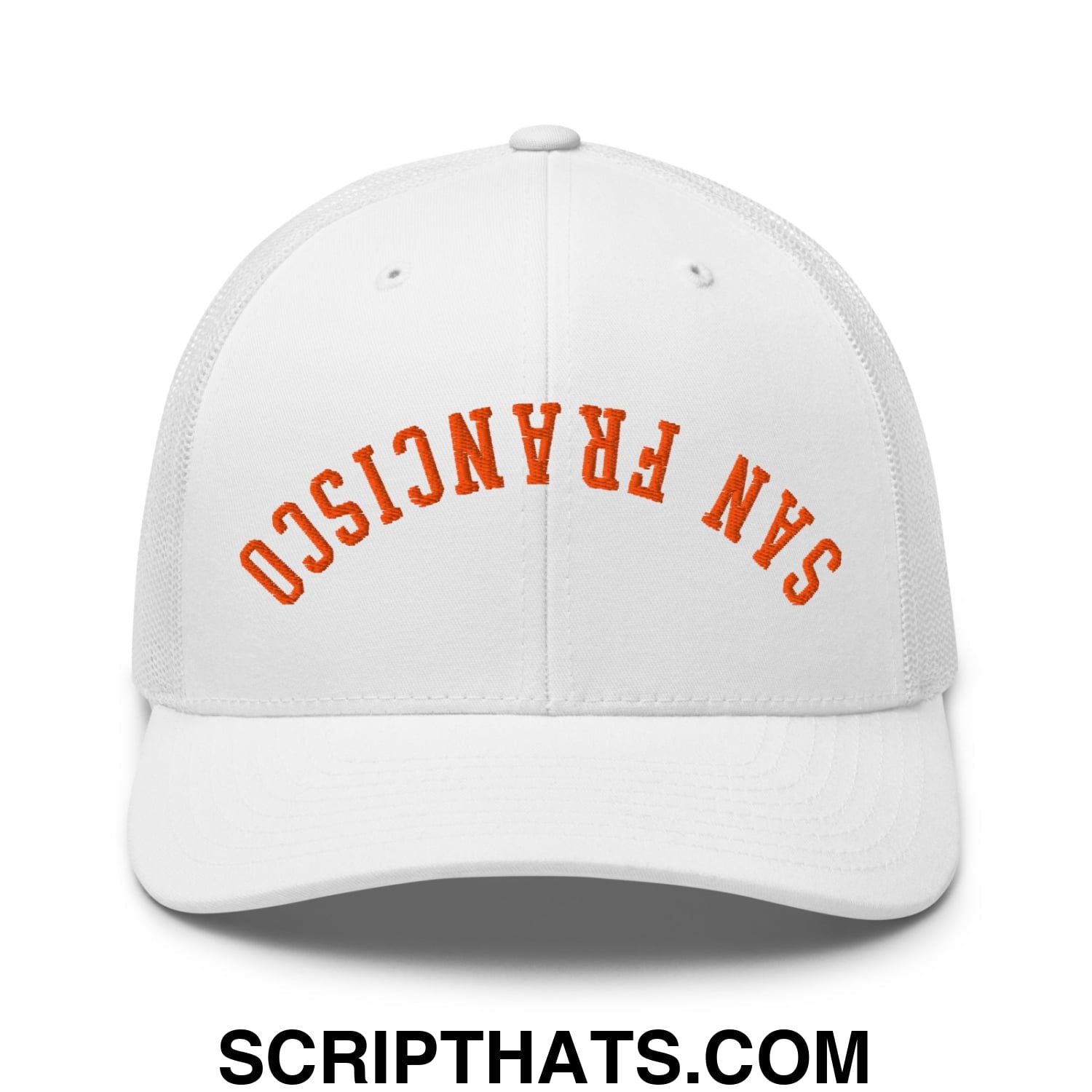Upside Down San Francisco Baseball Embroidered Mesh Trucker Hat White