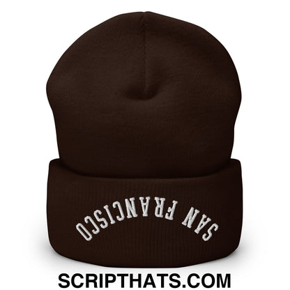 Upside Down San Francisco Embroidered Cuffed Knit Beanie Brown