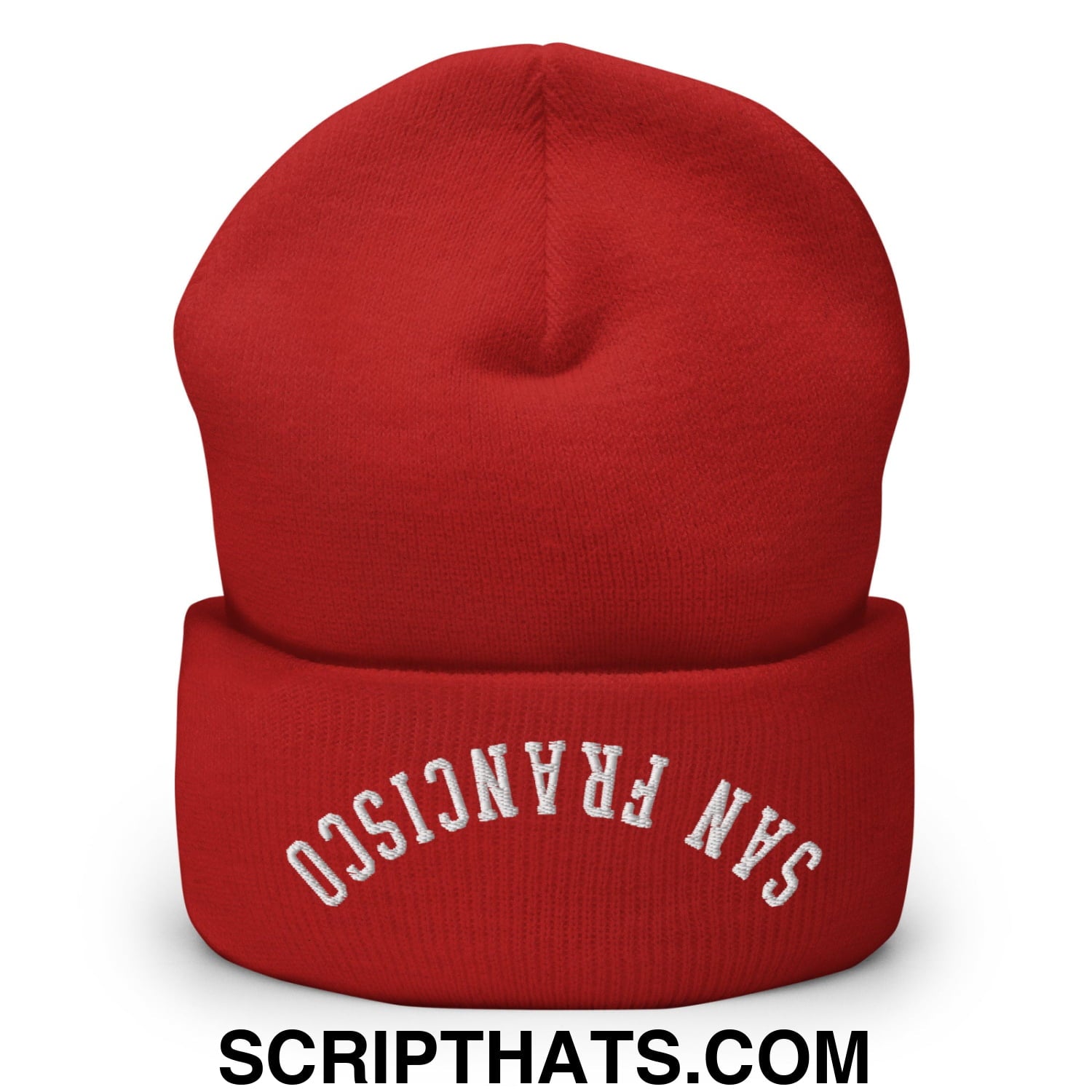 Upside Down San Francisco Embroidered Cuffed Knit Beanie Red