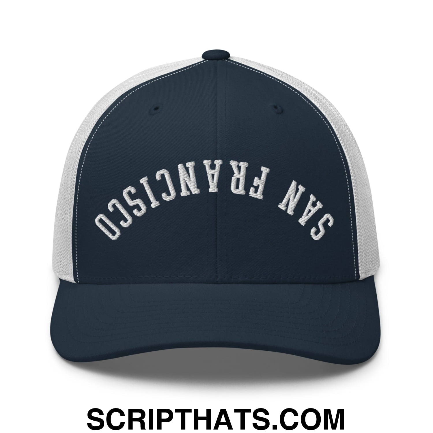 Upside Down San Francisco Embroidered Mesh Trucker Hat Navy White