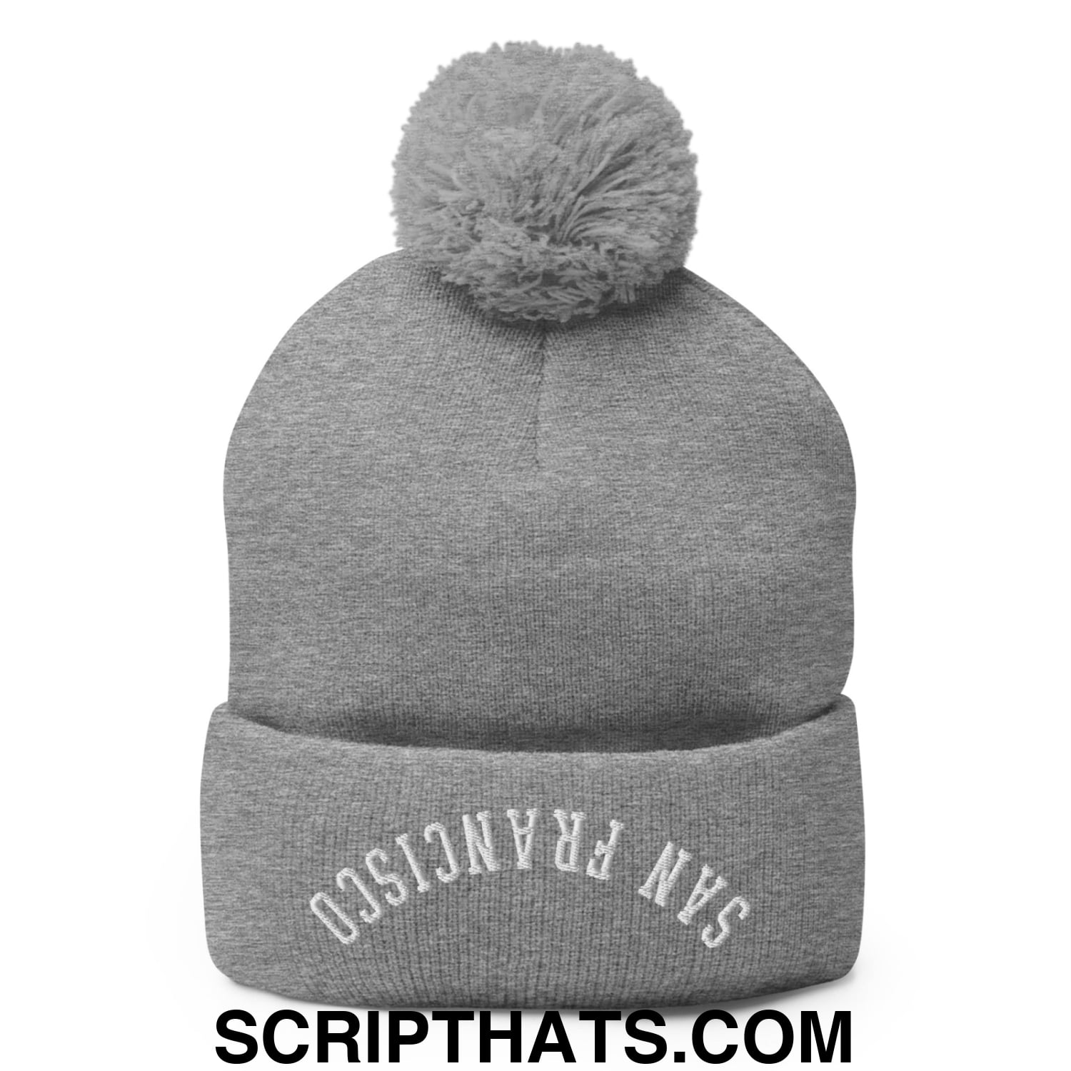 Upside Down San Francisco Embroidered Pom Pom Knit Beanie Heather Grey