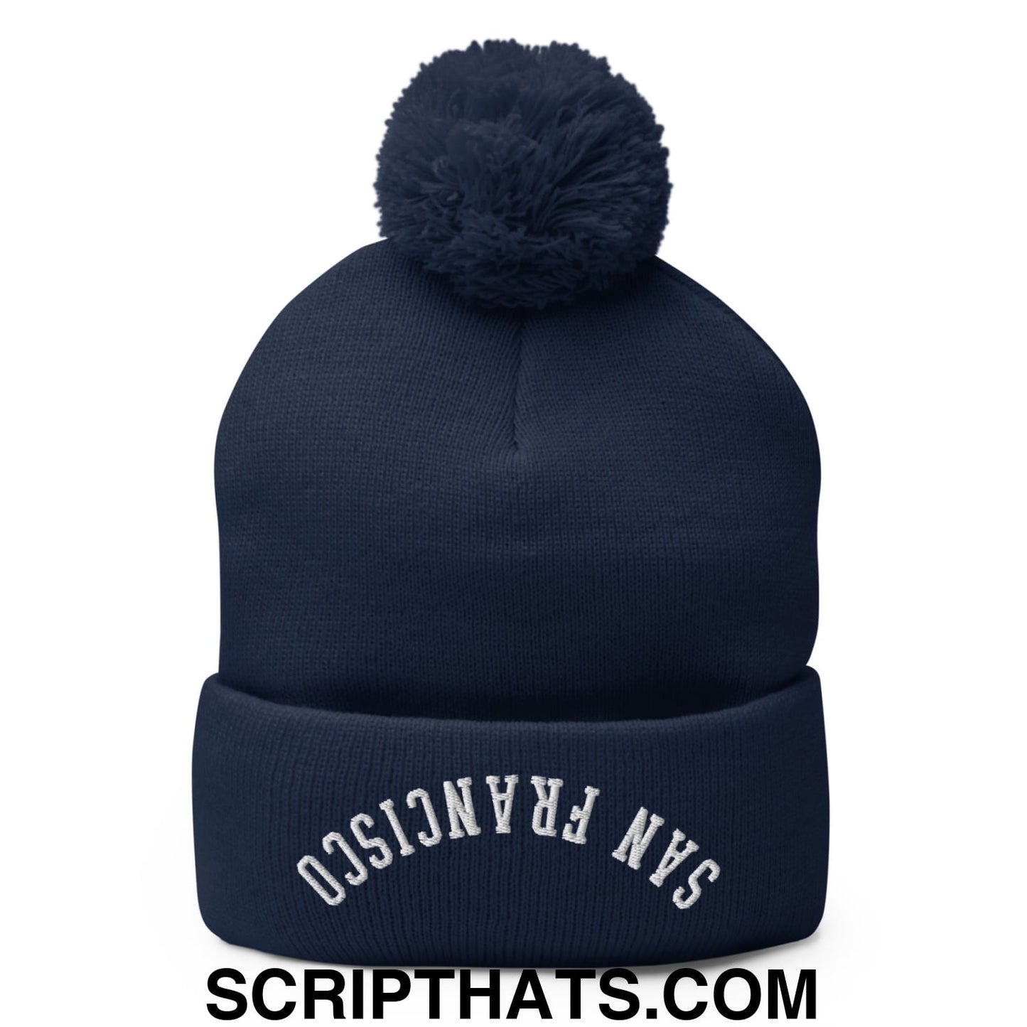 Upside Down San Francisco Embroidered Pom Pom Knit Beanie Navy
