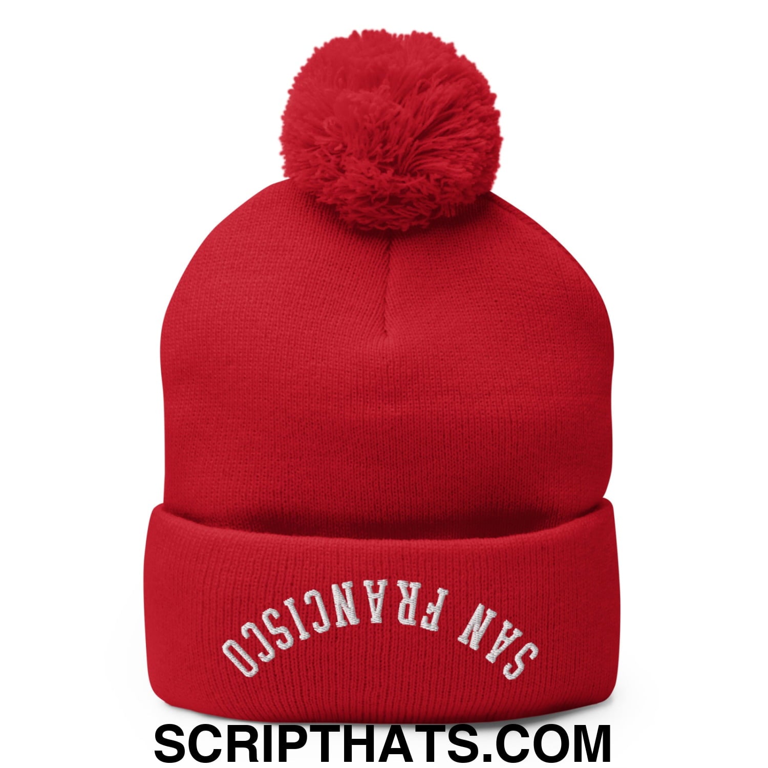 Upside Down San Francisco Embroidered Pom Pom Knit Beanie Red