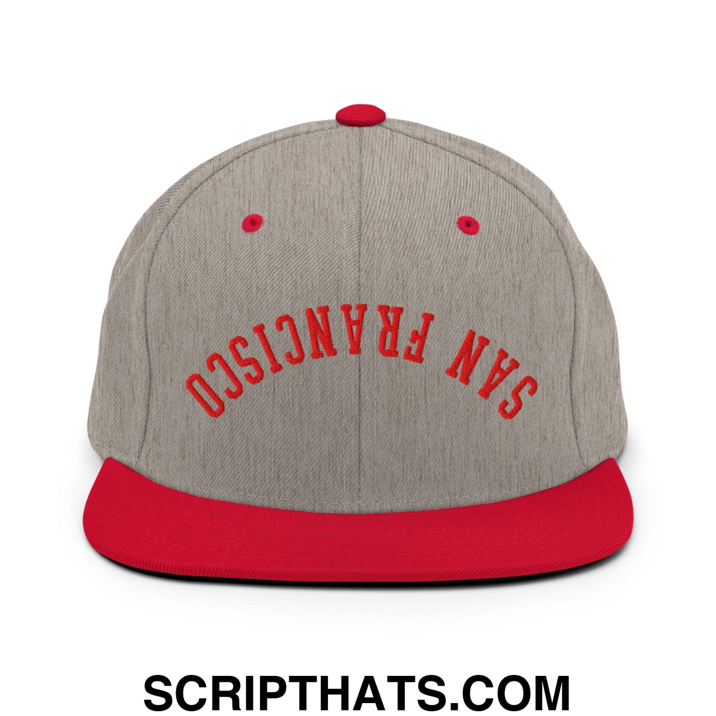 Upside Down San Francisco Football Embroidered Flat Bill Brim Snapback Hat Heather Grey Red