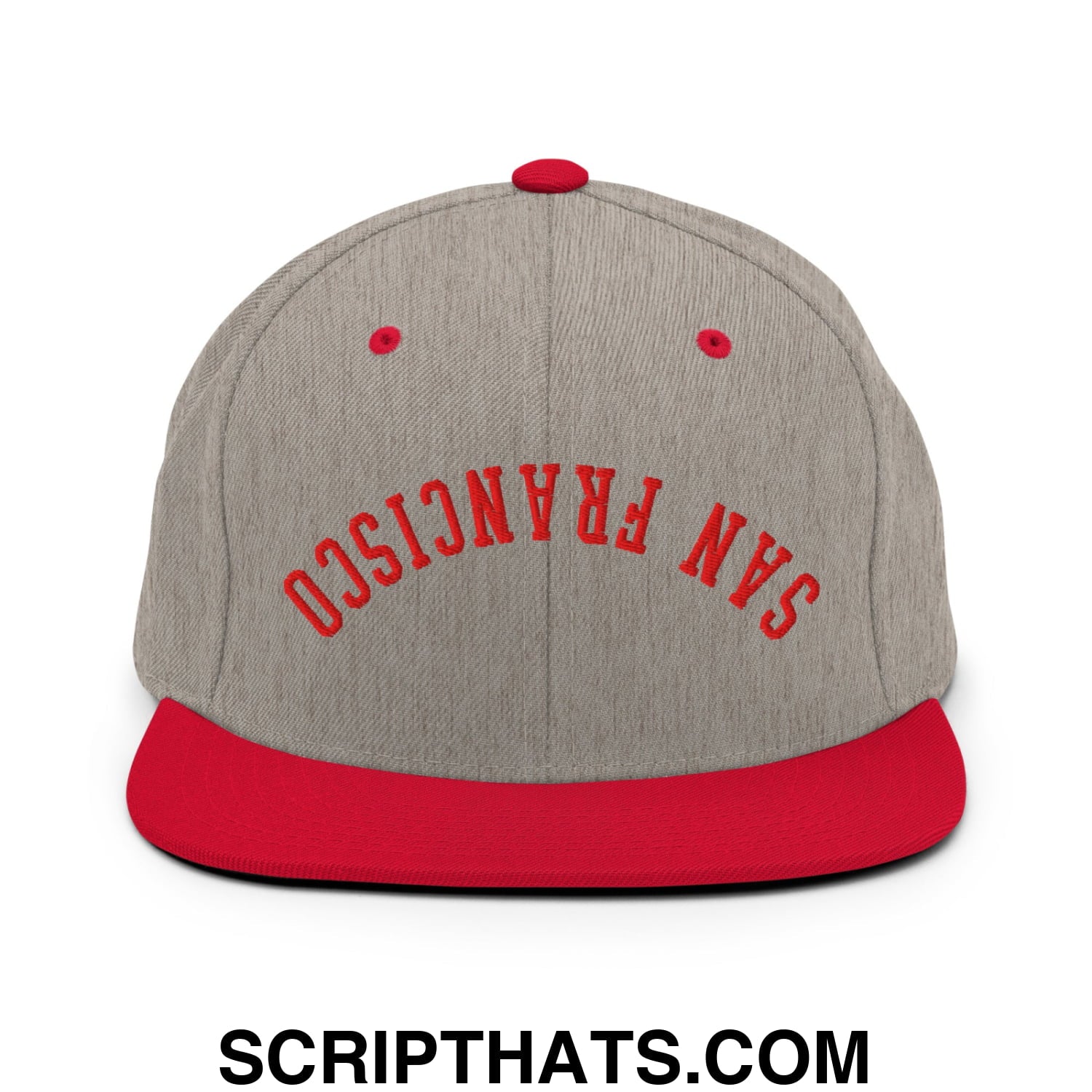 Upside Down San Francisco Football Embroidered Flat Bill Brim Snapback Hat Heather Grey Red