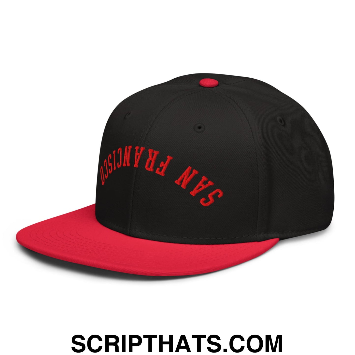 Upside Down San Francisco Football Embroidered Flat Brim Bill Snapback Hat Red Black Black