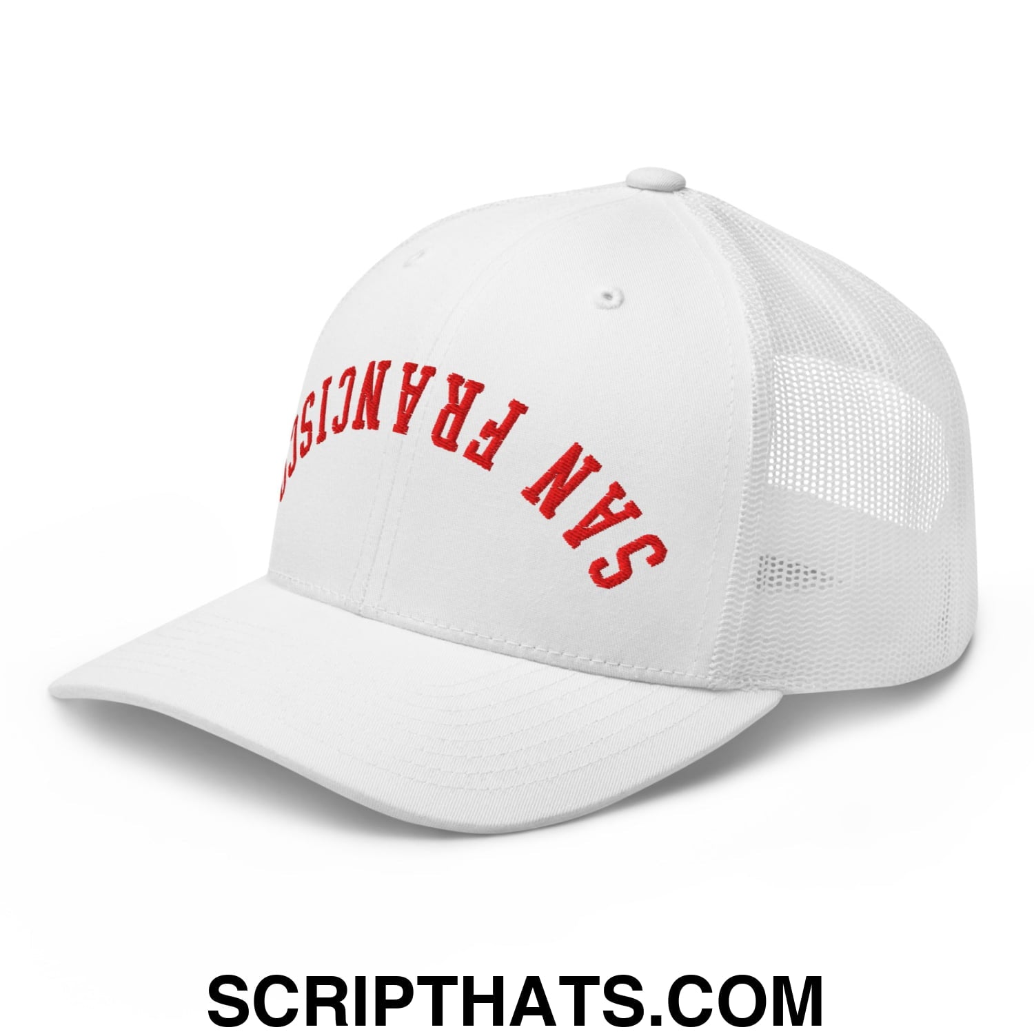 Upside Down San Francisco Football Embroidered Mesh Trucker Hat White