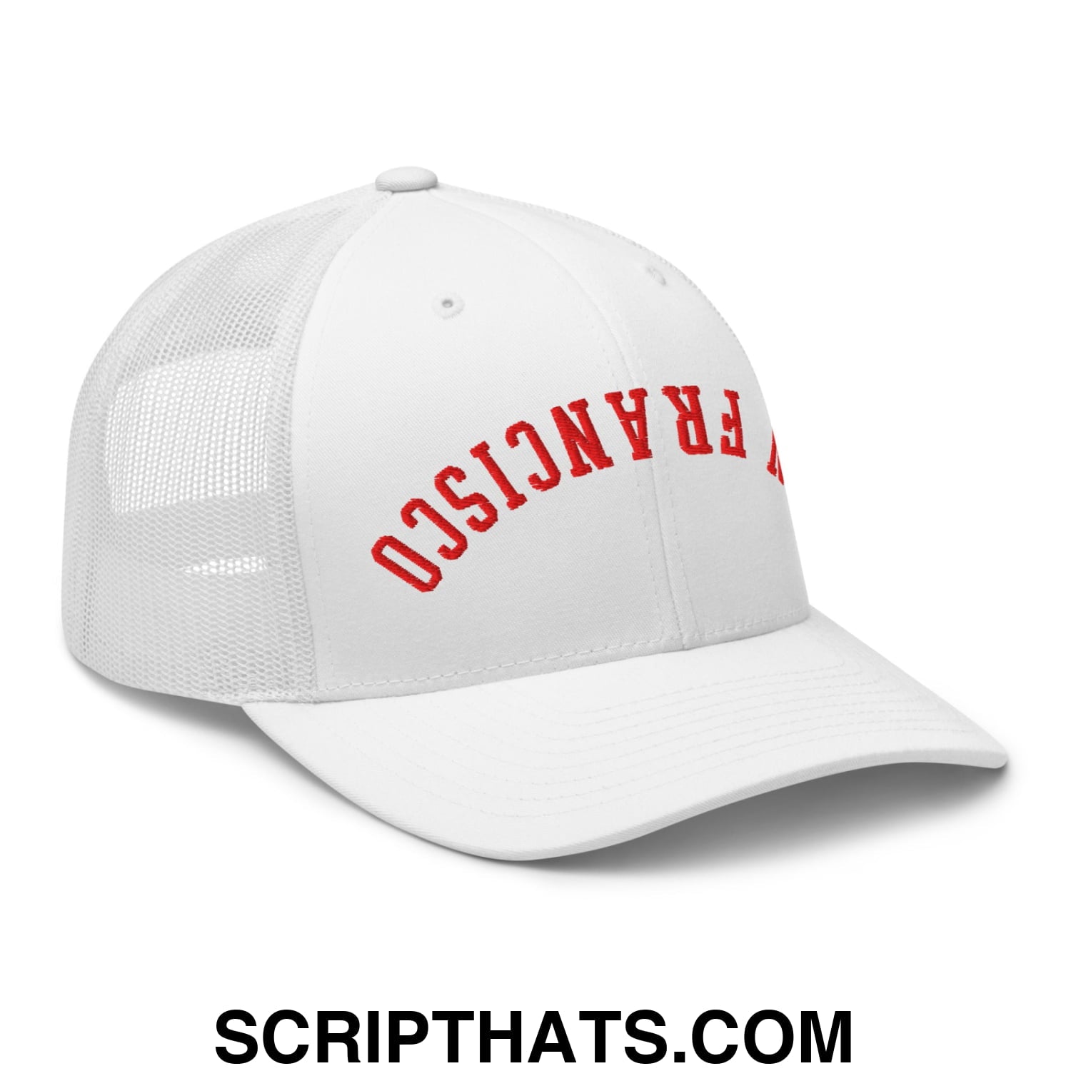 Upside Down San Francisco Football Embroidered Mesh Trucker Hat White