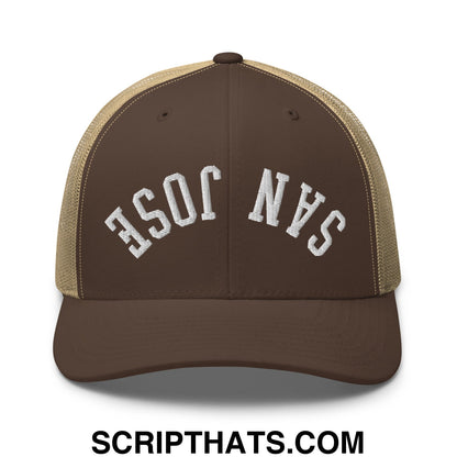 Upside Down San Jose Embroidered Mesh Trucker Hat Brown Khaki