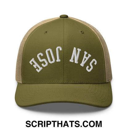 Upside Down San Jose Embroidered Mesh Trucker Hat Moss Khaki