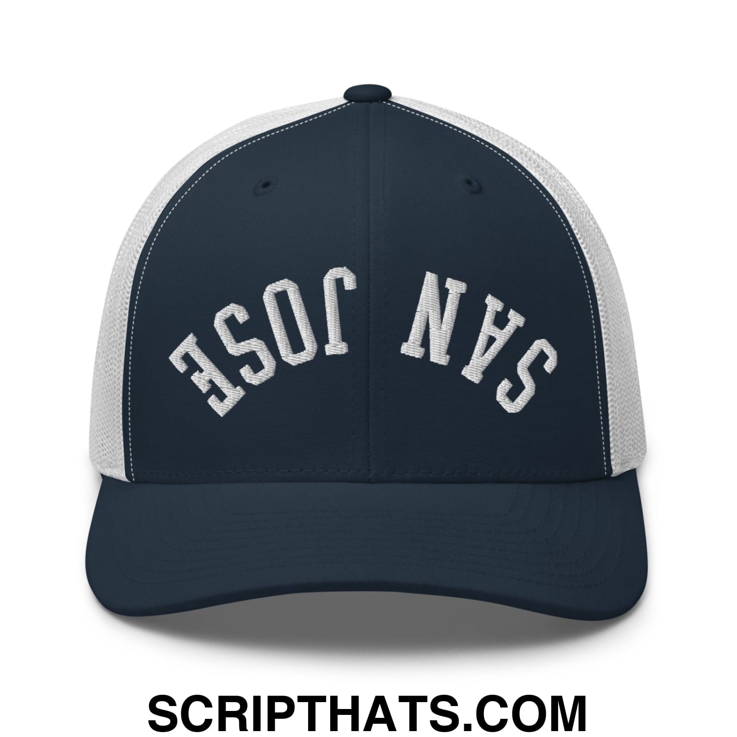Upside Down San Jose Embroidered Mesh Trucker Hat Navy White