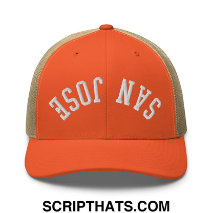 Upside Down San Jose Embroidered Mesh Trucker Hat Rustic Orange Khaki