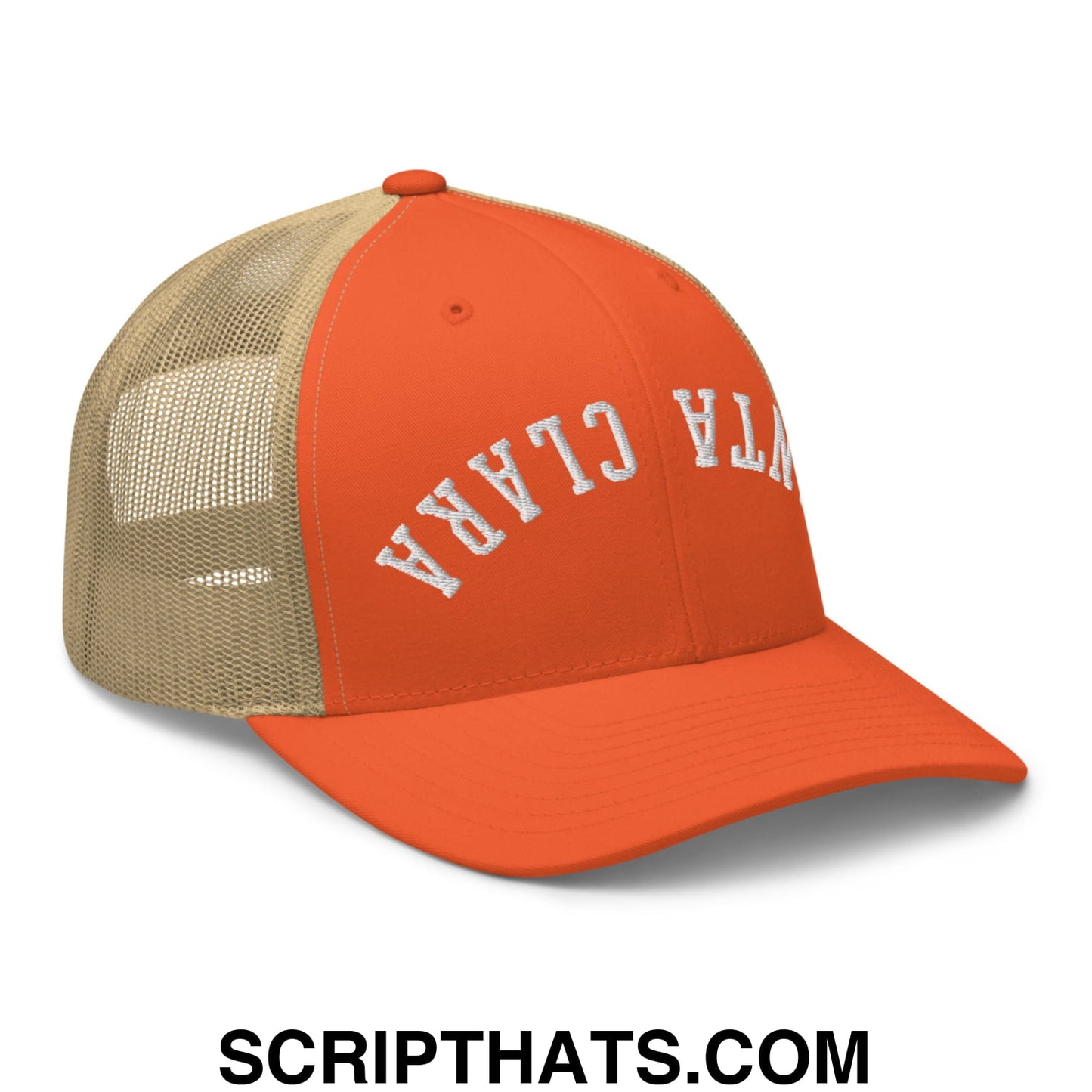 Upside Down Santa Clara Embroidered Mesh Trucker Hat Rustic Orange Khaki