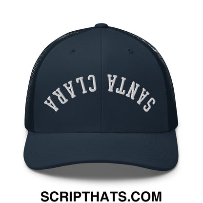 Dark navy blue mesh trucker hat with white embroidered santa clara lettering Upside Down design on front panel