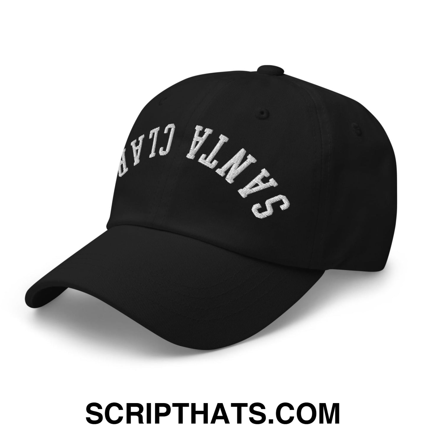 Black unstructured dad hat with white embroidered santa clara arch design ideal for casual wear