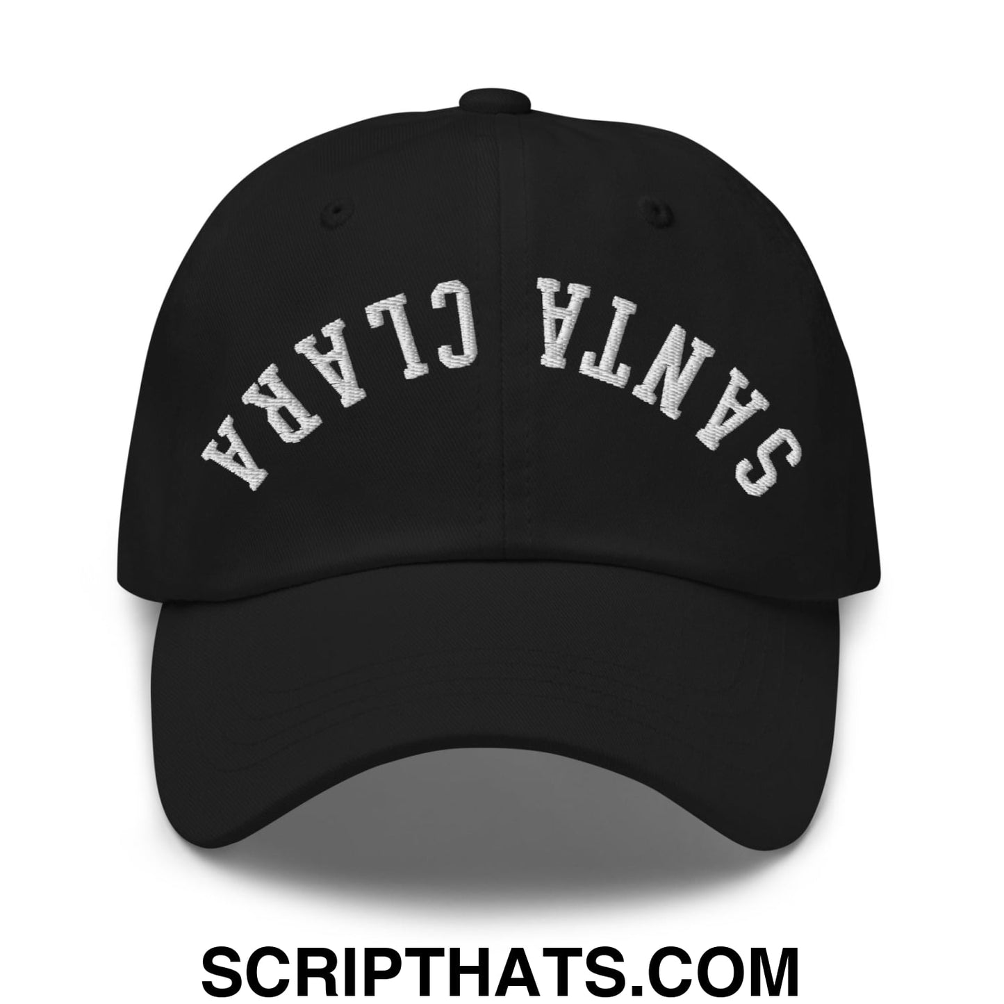 Black unstructured dad hat with white embroidered santa clara lettering in an arched design
