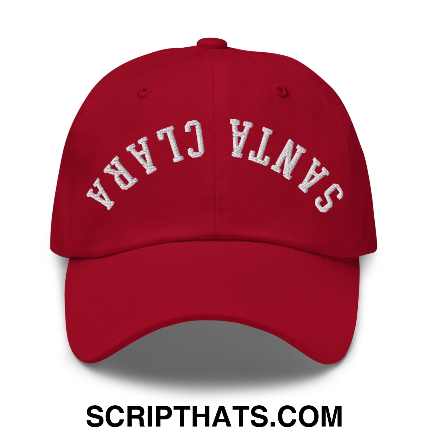 A red unstructured dad hat with santa clara embroidered in white arched lettering on the front
