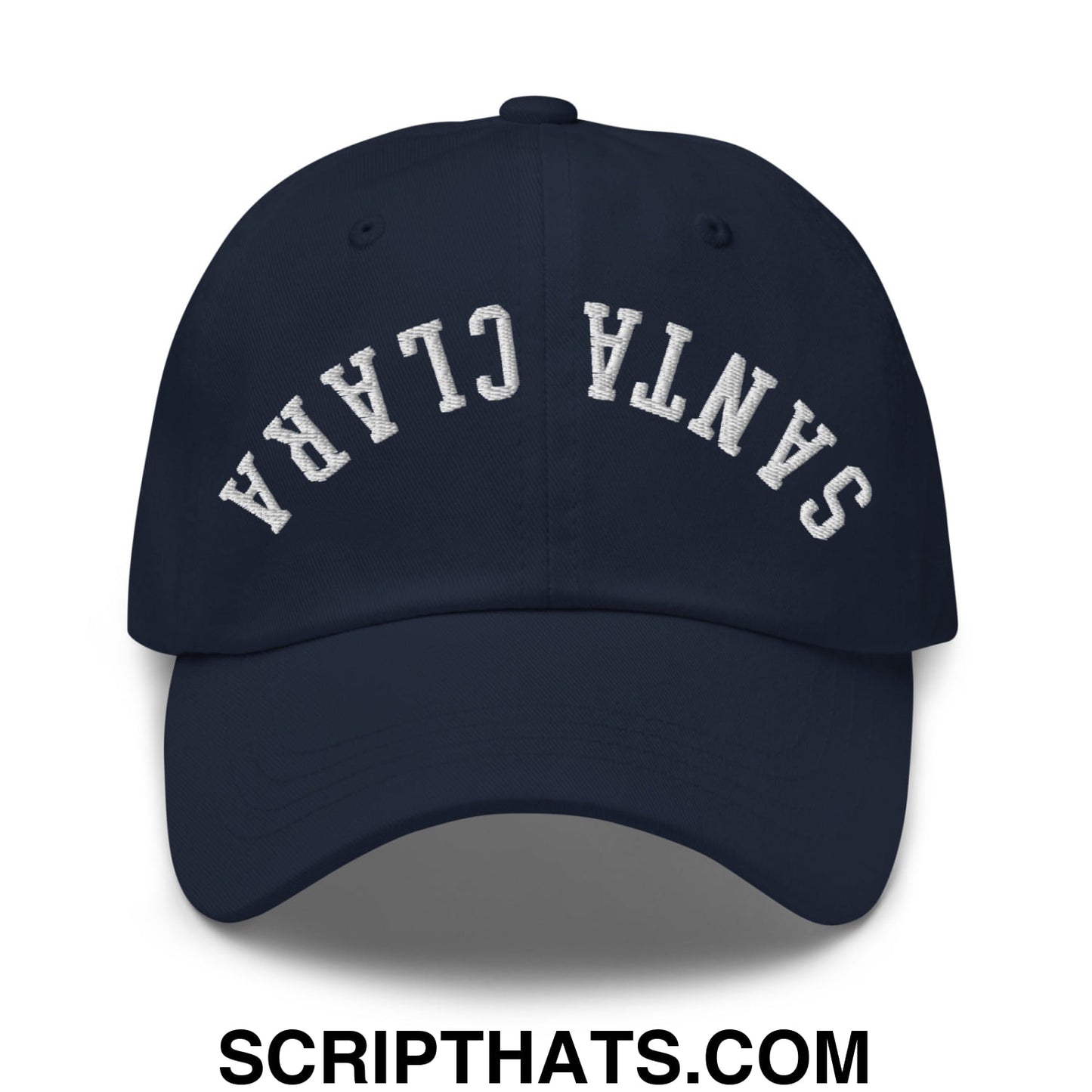 Navy blue unstructured dad hat with white embroidered santa clara arch on front titled upside down santa clara hat