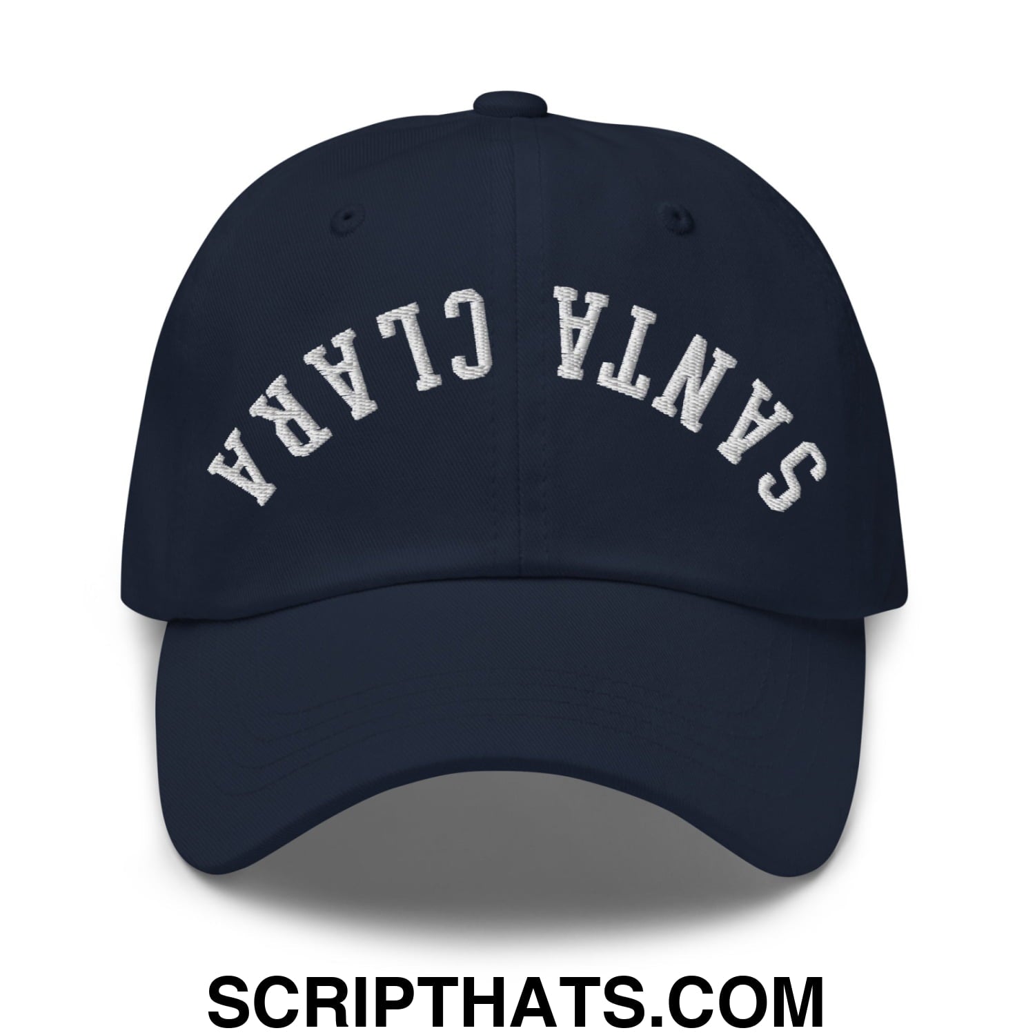 Navy blue unstructured dad hat with white embroidered santa clara arch on front titled upside down santa clara hat
