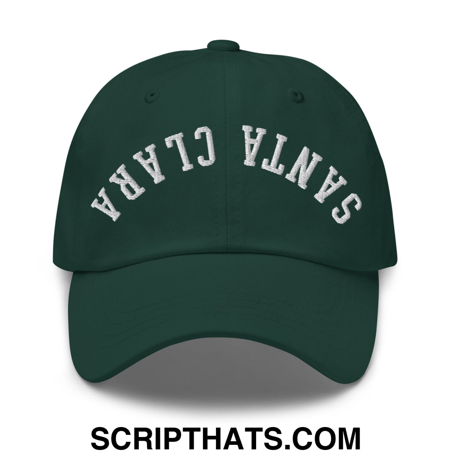 Dark green unstructured dad hat with white embroidered santa clara arch on front ideal for casual wear