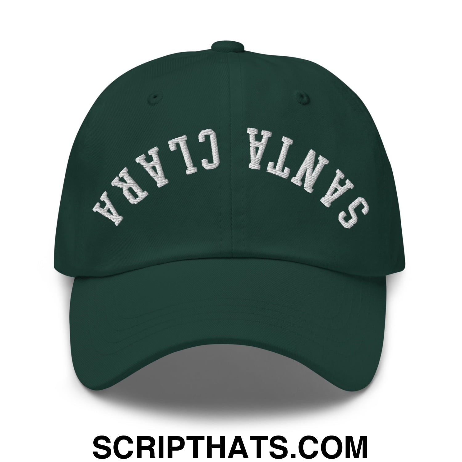 Dark green unstructured dad hat with white embroidered santa clara arch on front ideal for casual wear