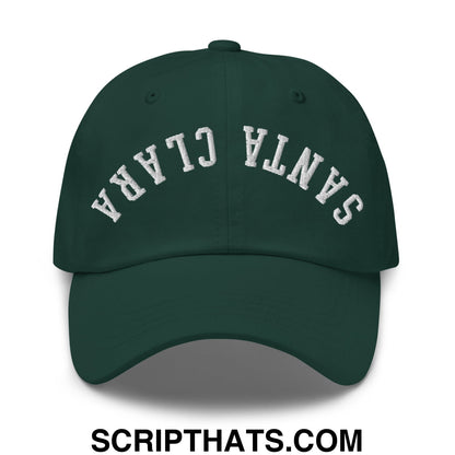Dark green unstructured dad hat with white embroidered santa clara arch on front ideal for casual wear