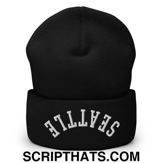 Upside Down Seattle Embroidered Cuffed Knit Beanie Black
