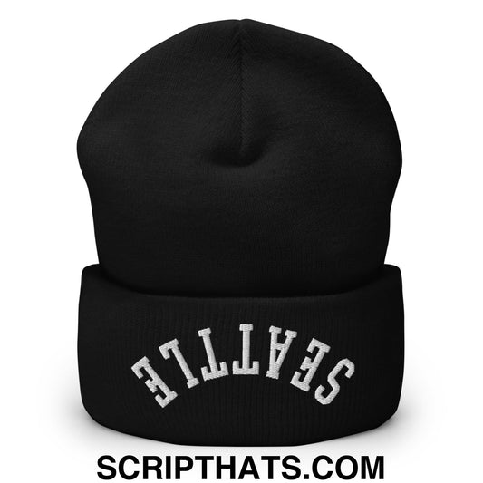 Upside Down Seattle Embroidered Cuffed Knit Beanie Black