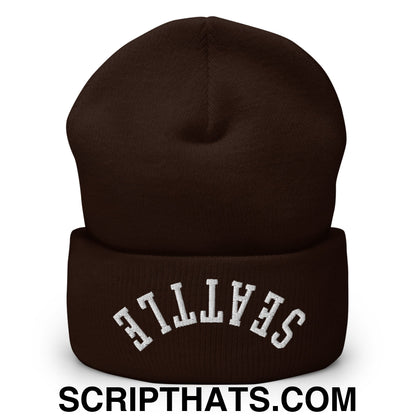 Upside Down Seattle Embroidered Cuffed Knit Beanie Brown