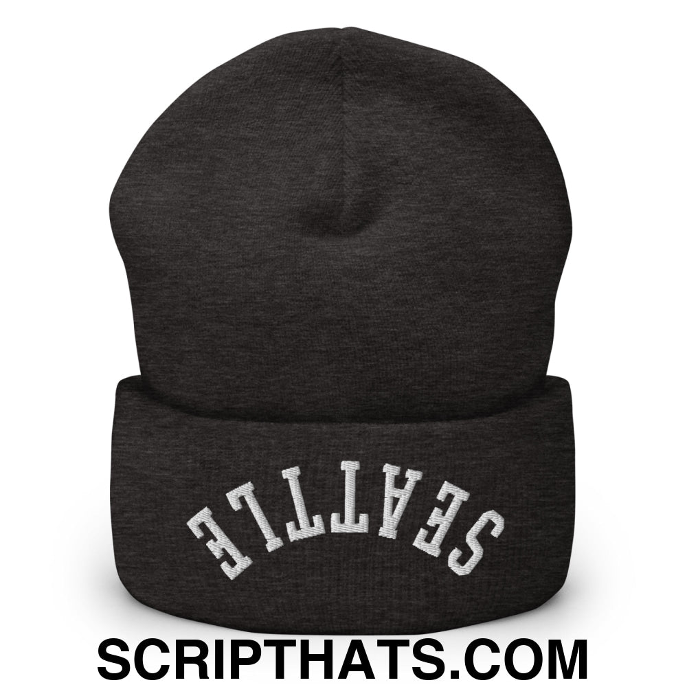 Upside Down Seattle Embroidered Cuffed Knit Beanie Dark Grey
