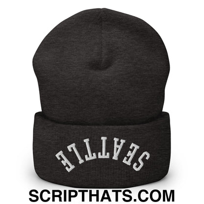 Upside Down Seattle Embroidered Cuffed Knit Beanie Dark Grey