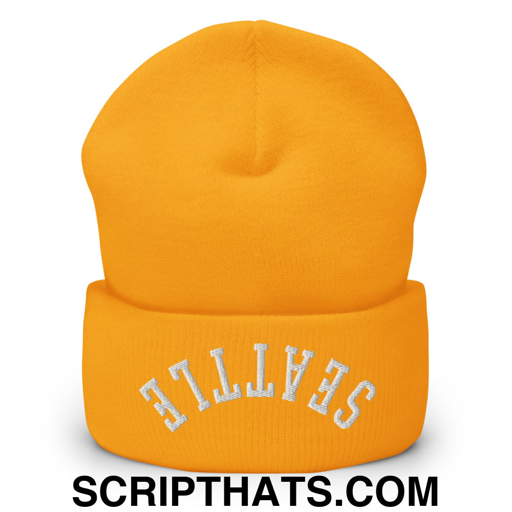 Upside Down Seattle Embroidered Cuffed Knit Beanie Gold