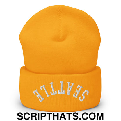 Upside Down Seattle Embroidered Cuffed Knit Beanie Gold