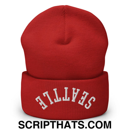 Upside Down Seattle Embroidered Cuffed Knit Beanie Red